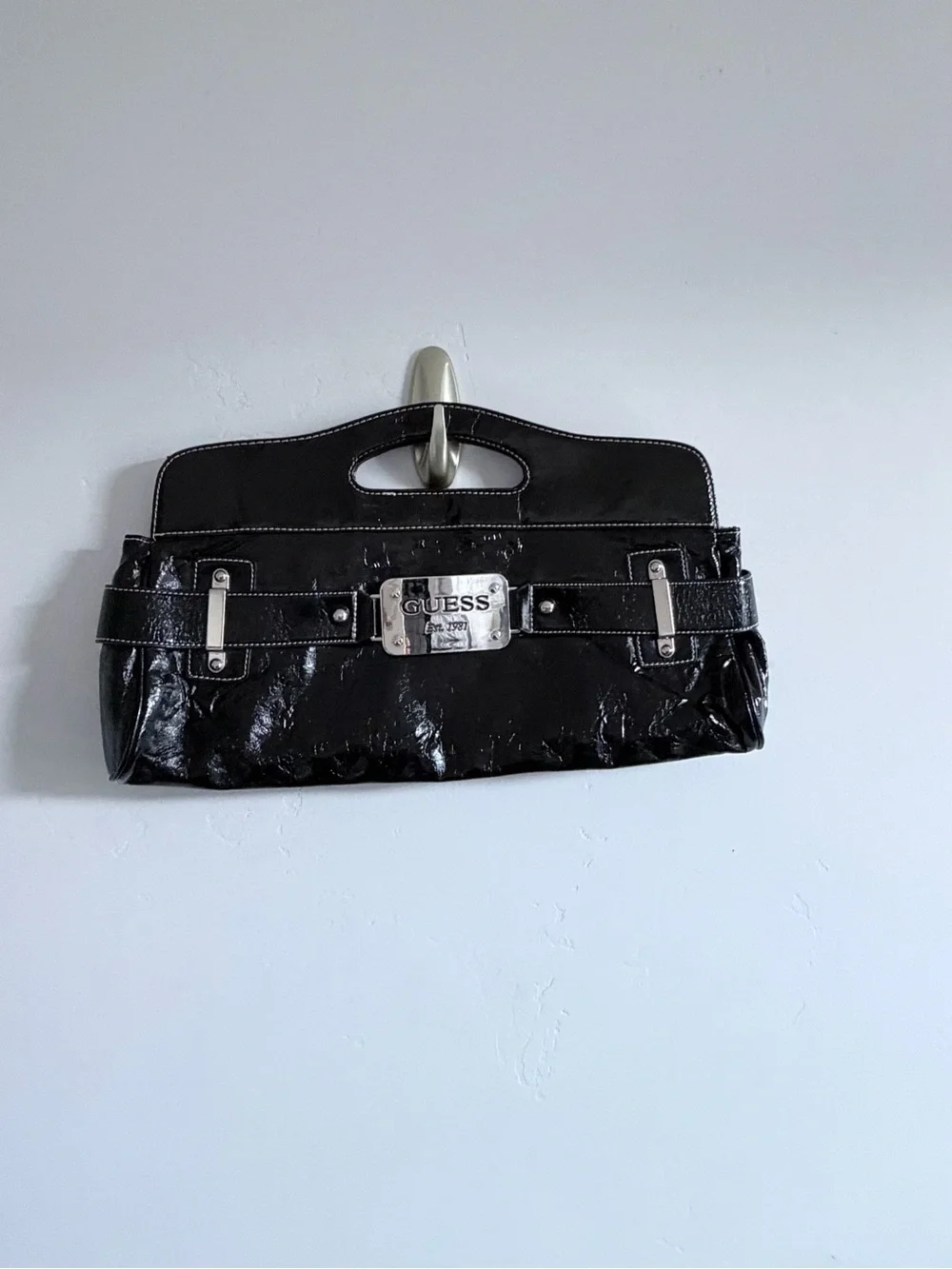 GUESS Black Patent Leather Clutch with Silver Plaque